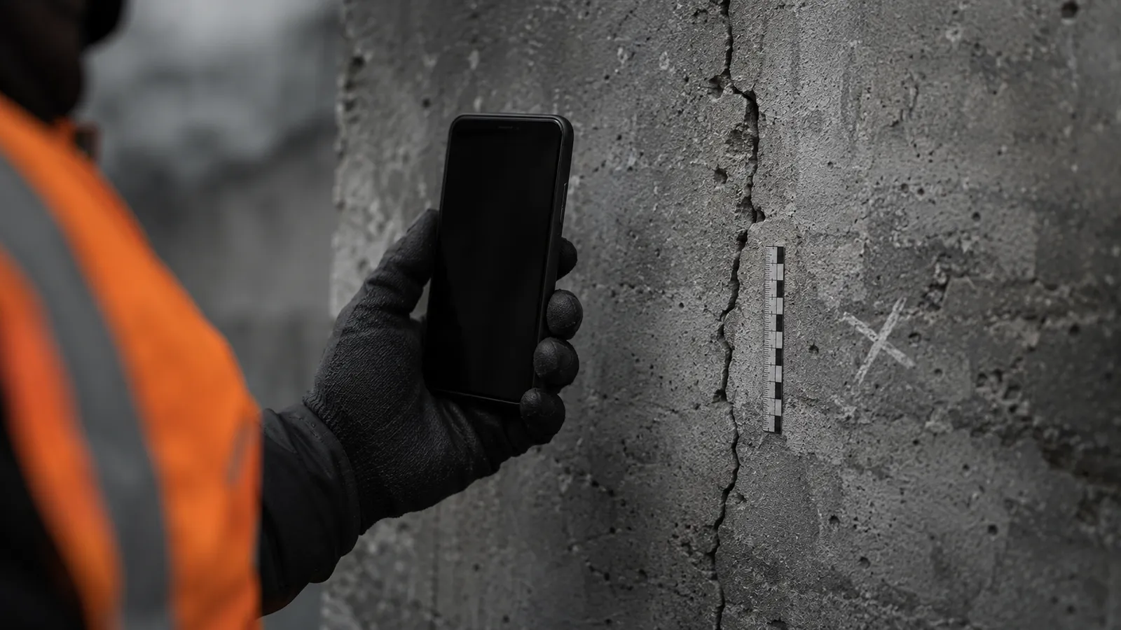 Inspector photographing a concrete crack with a measurement scale for documented field evidence