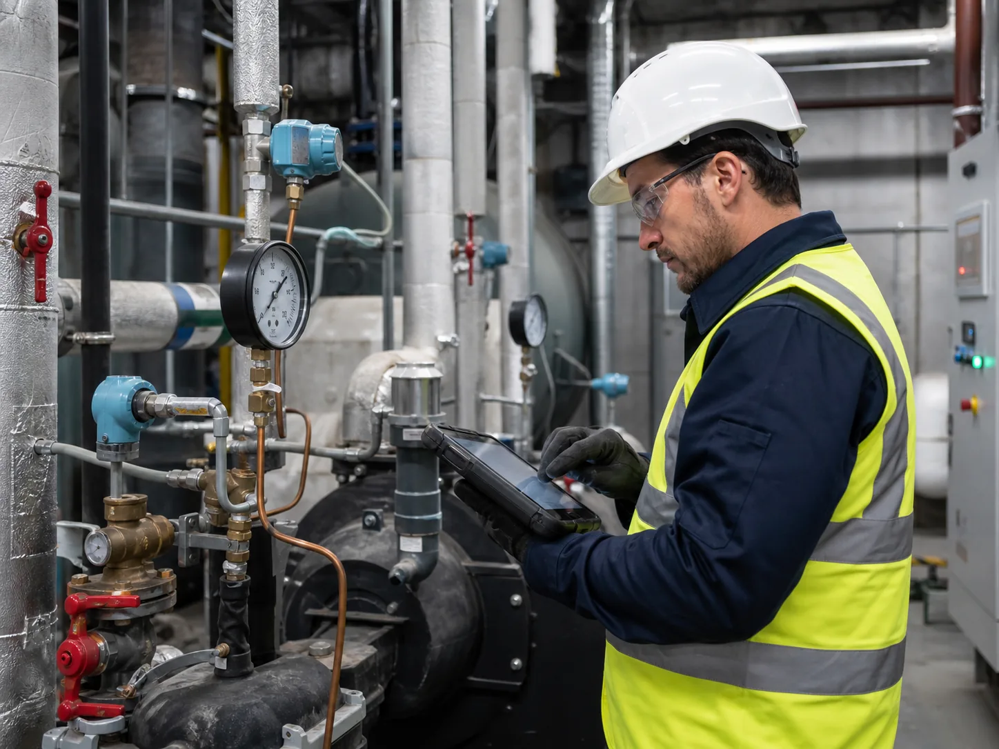 Inspector recording plant-room equipment evidence on a rugged tablet