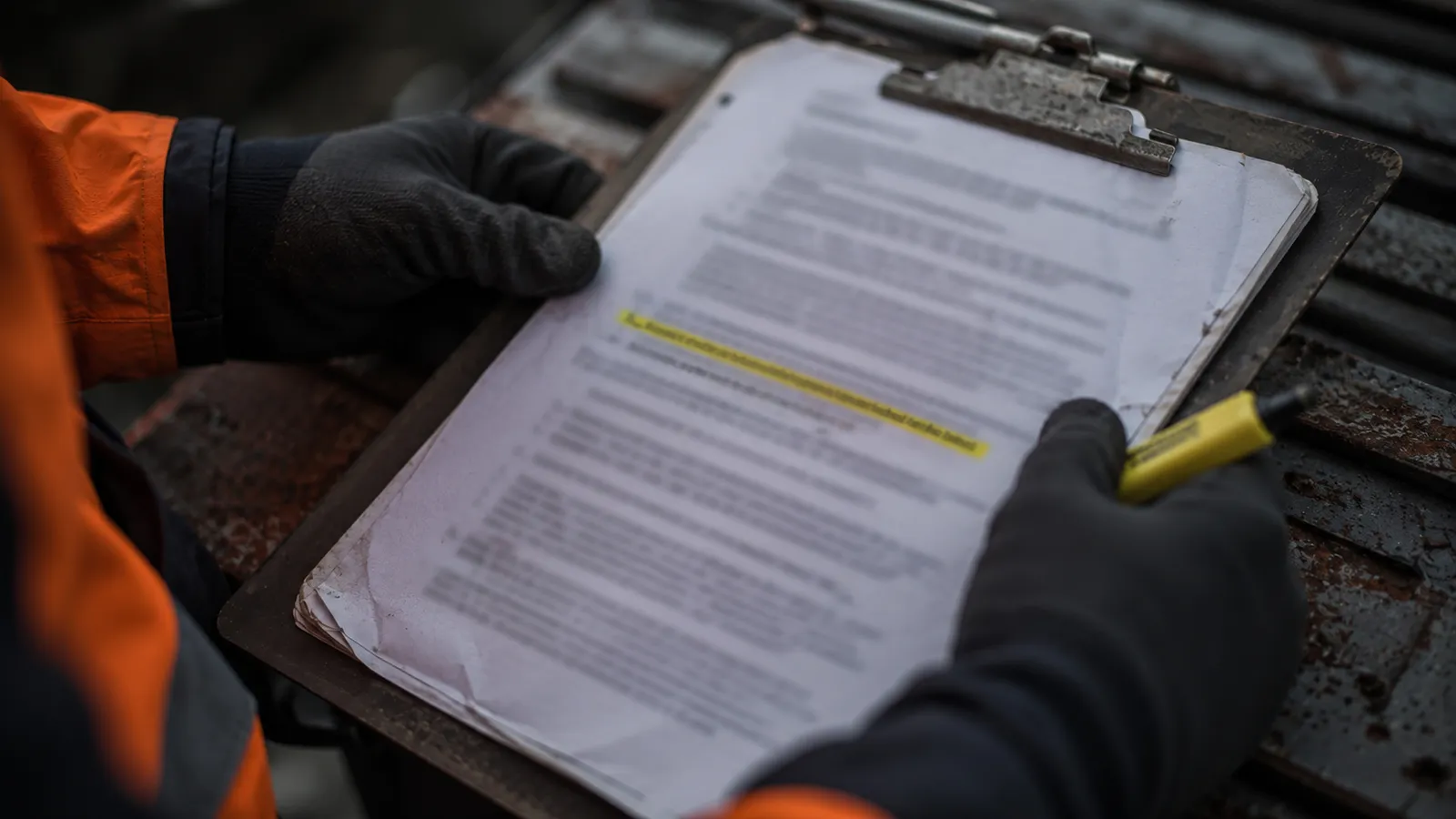 Gloved hands holding a marked-up inspection report, illustrating traceability of report findings to their source