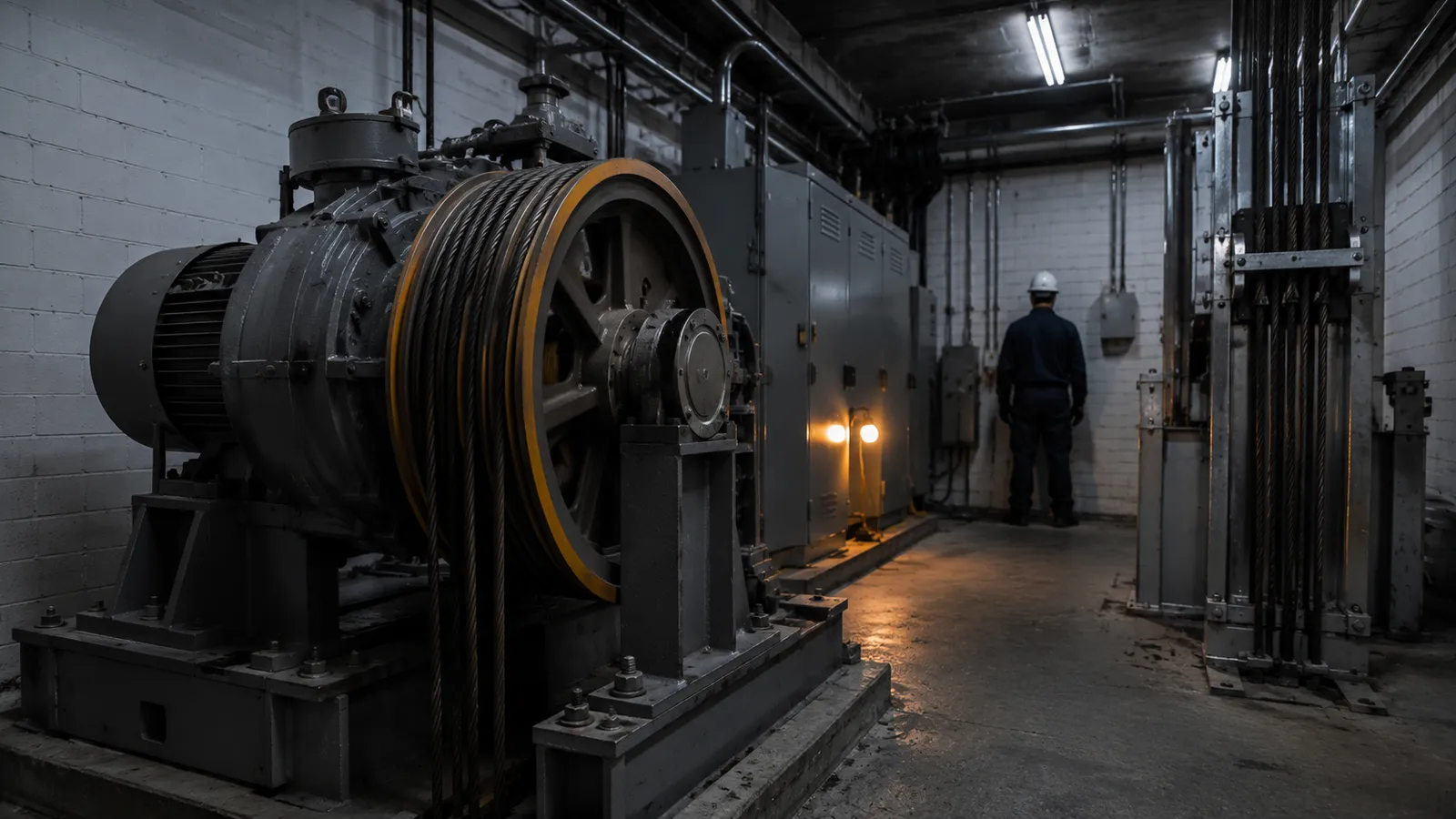 Elevator machine room with traction motor and control cabinets during a compliance inspection