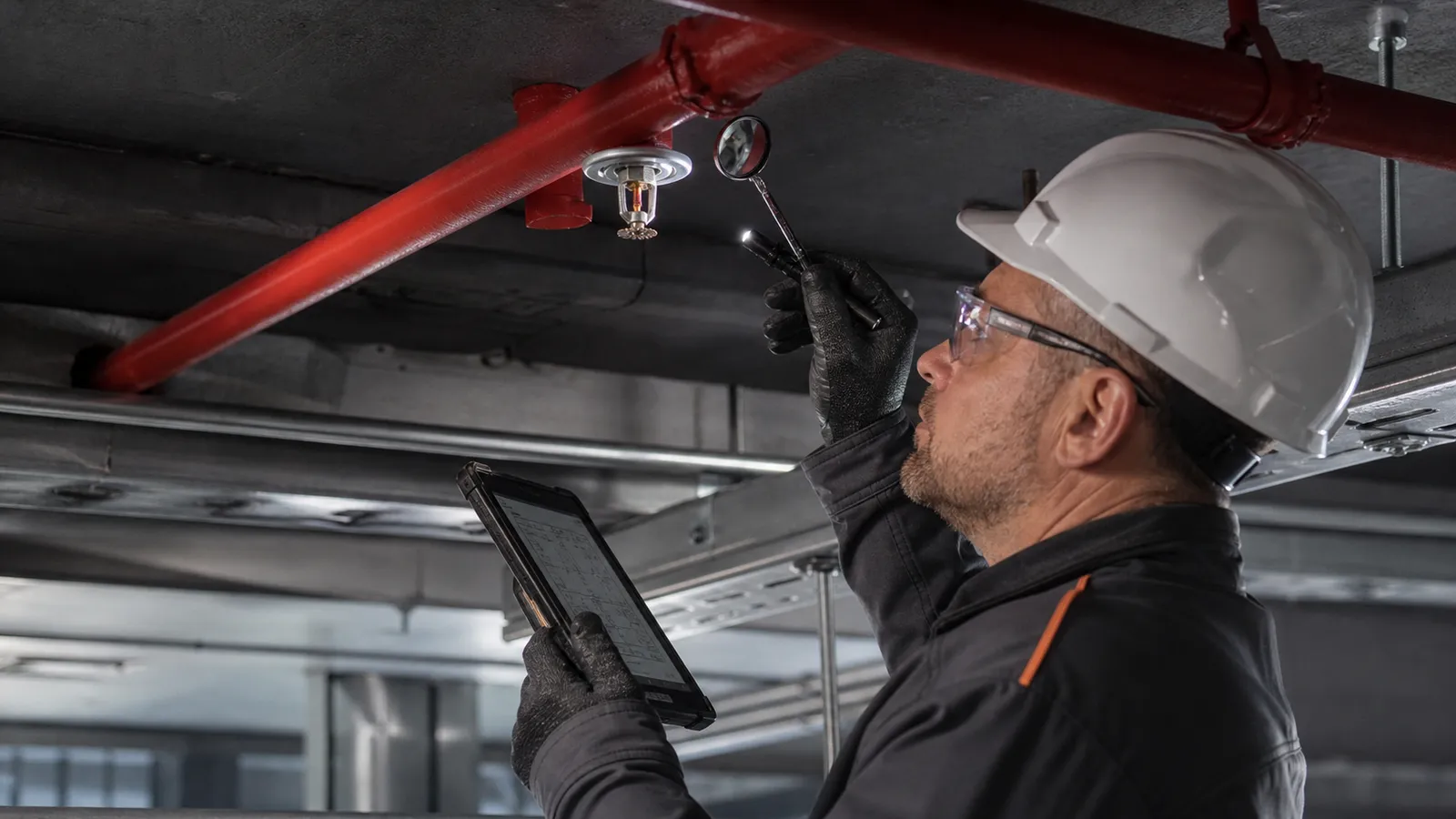 Inspector examining a fire sprinkler head and pipework during a fire safety compliance inspection