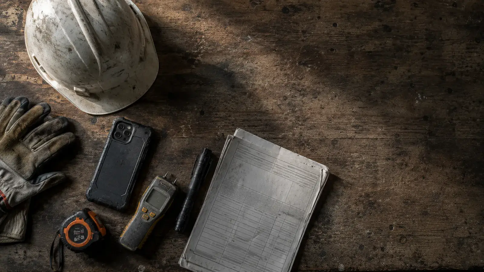 Field inspection equipment laid out on a workbench, representing tools used in professional inspection work