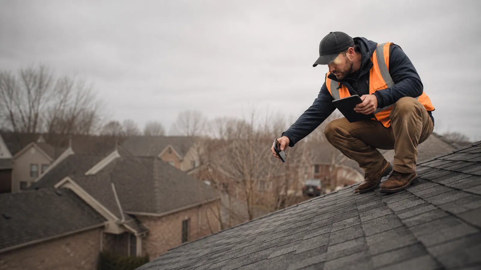 Home inspector documenting roof shingle condition with a tablet during a residential property inspection