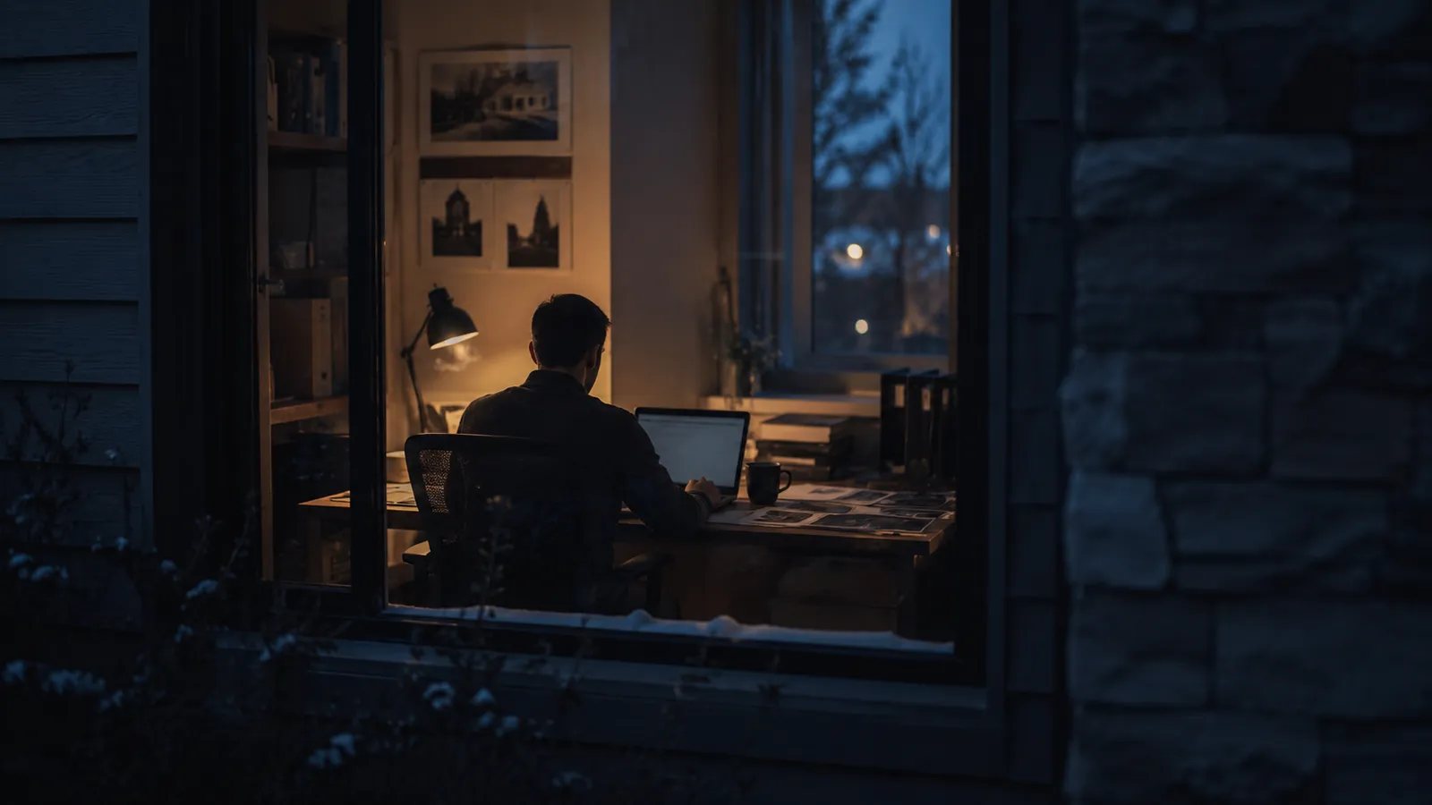 Inspector writing a report at a home desk after dark, illustrating the reporting workload that follows a site visit