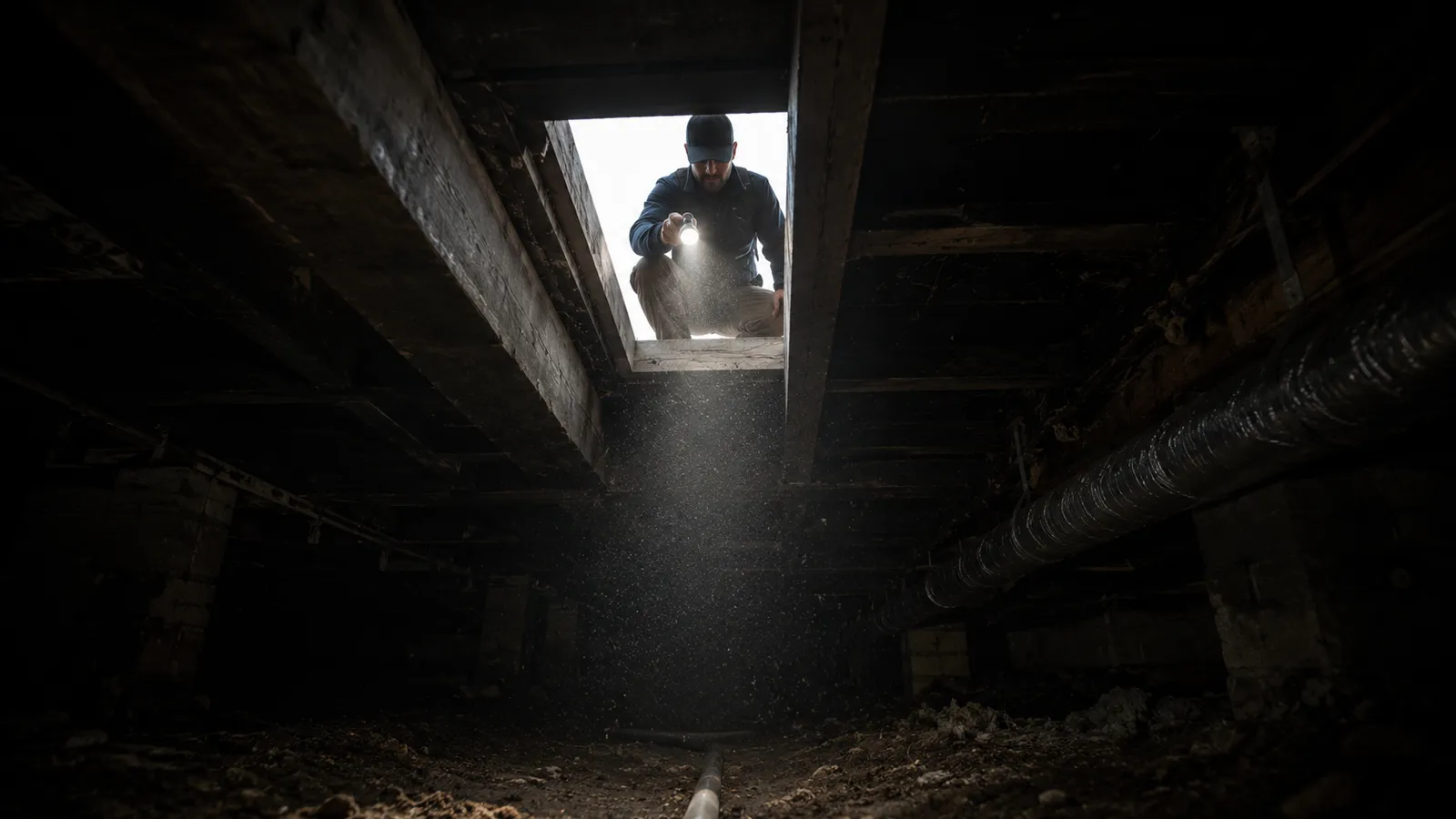 Inspector silhouetted at a crawlspace access hatch, illustrating field conditions where mobile signal is unavailable