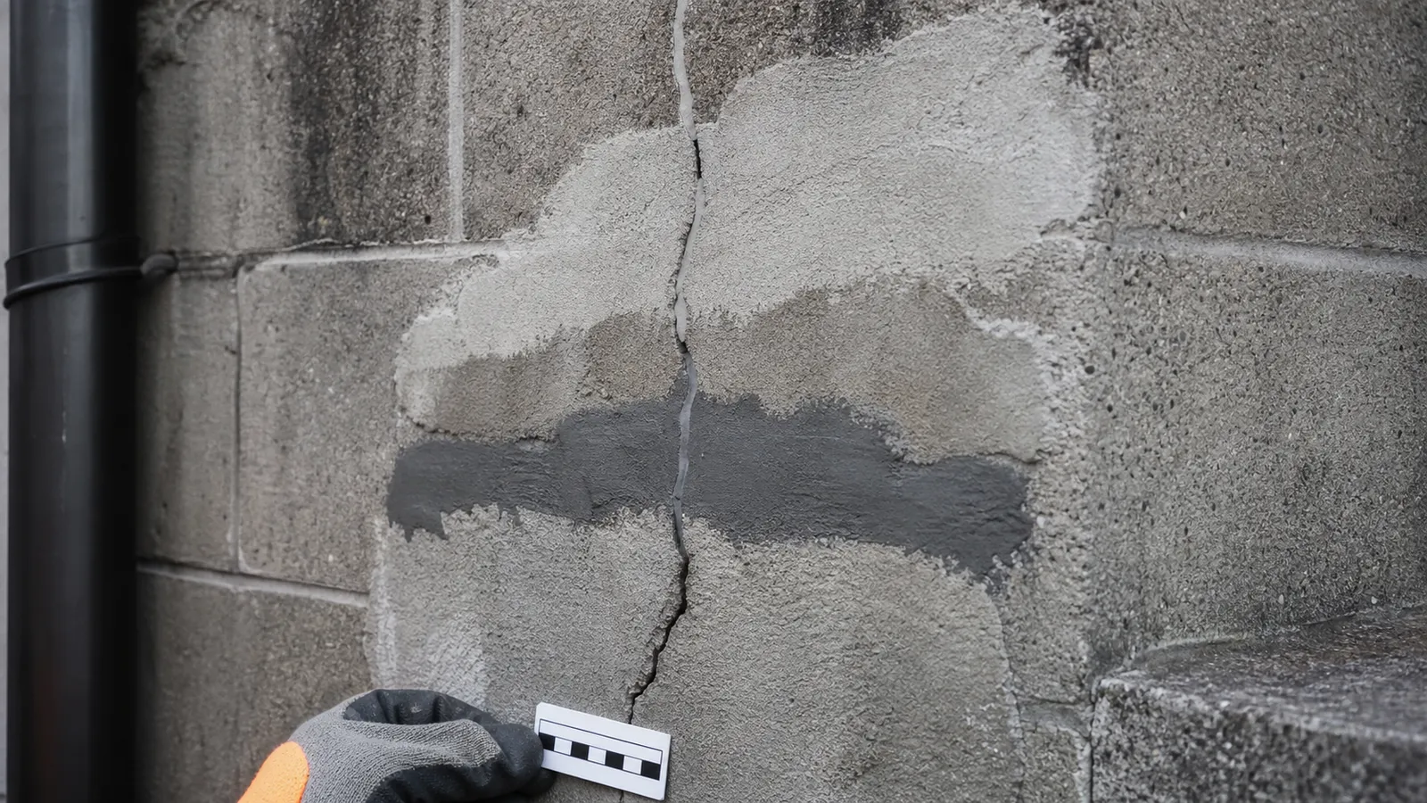 A structural wall crack repaired in multiple layers over years and reopening, illustrating a recurring defect across inspections