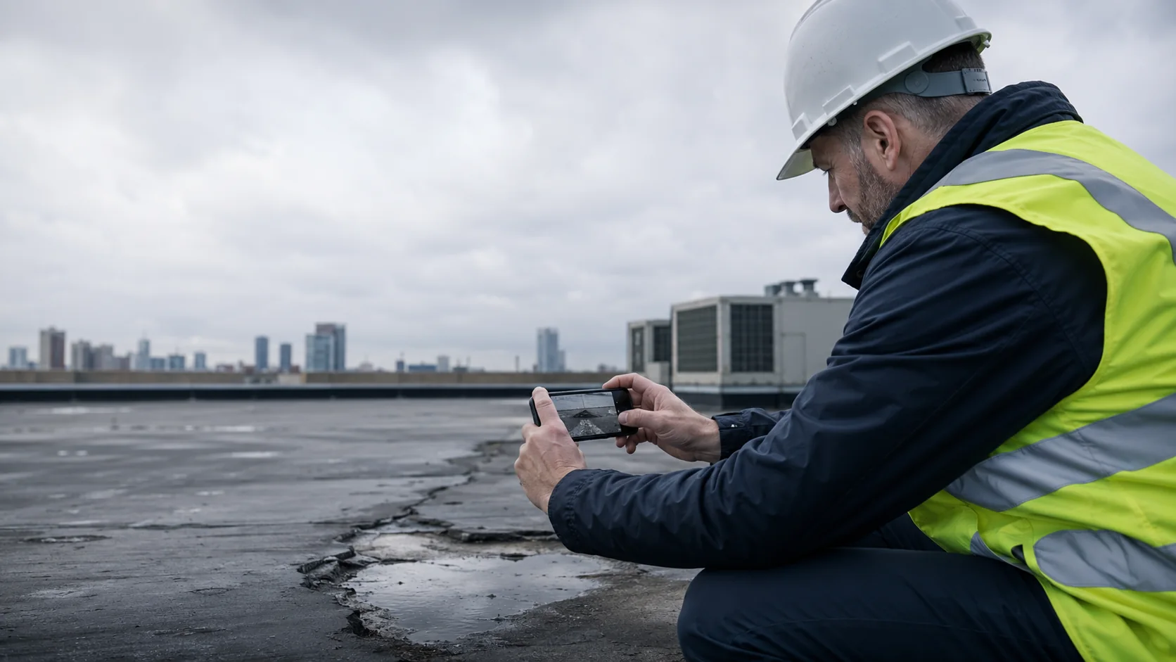 Inspector examining a roof membrane during a site visit